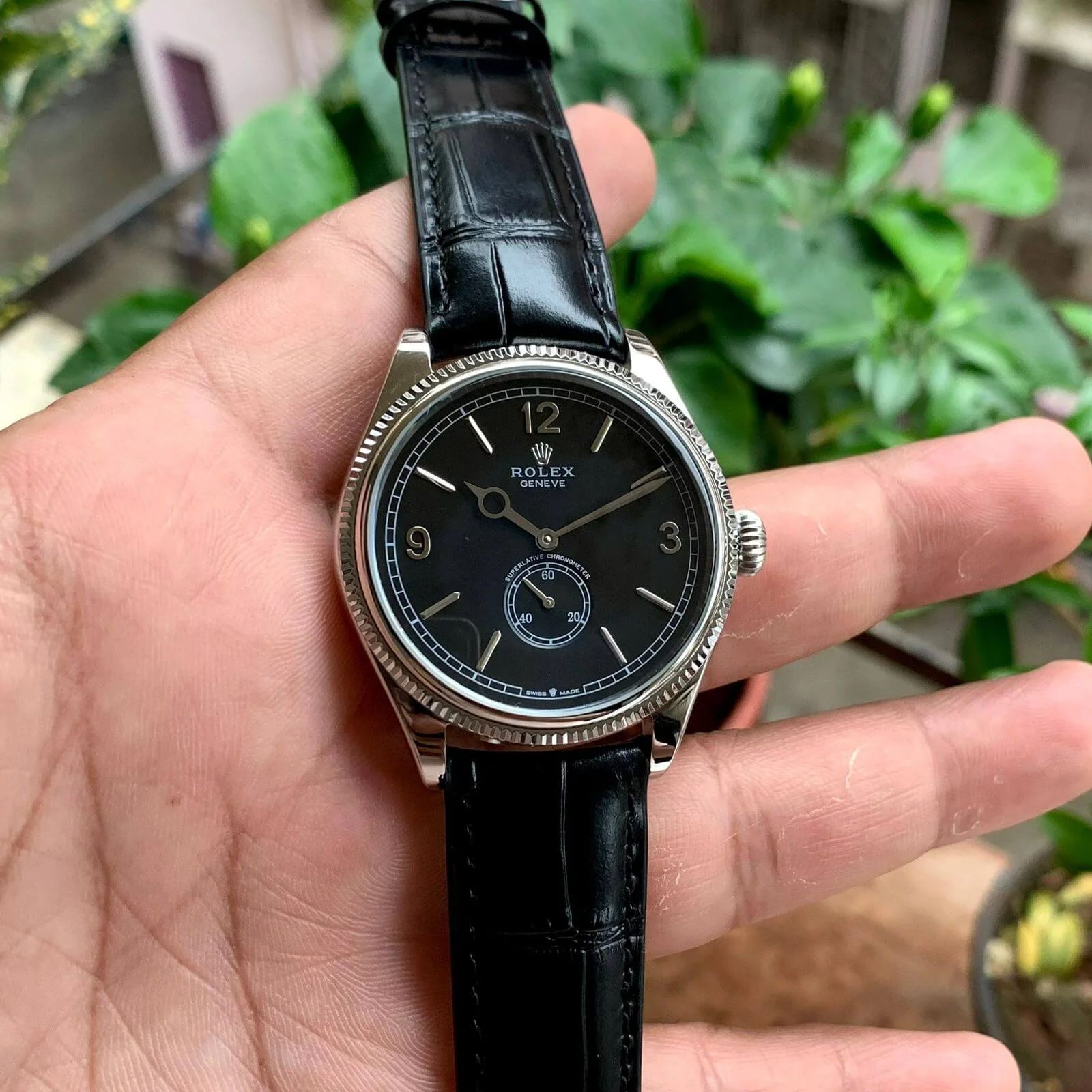 Rolex 1908 Silver-Black Leather Automa